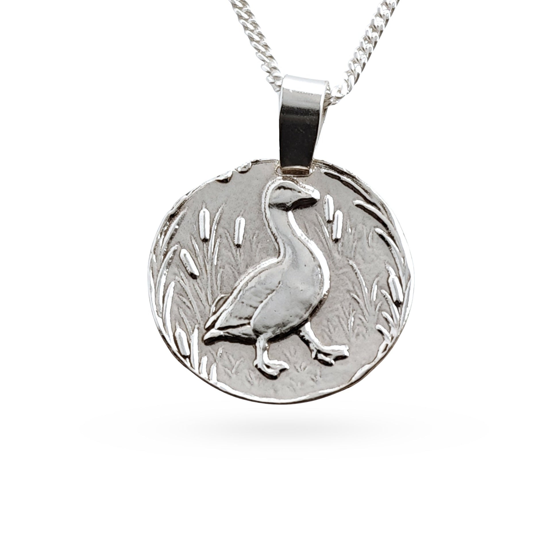 Sterling silver engraved goose coin pendant necklace, handcrafted in the UK from recycled sterling silver