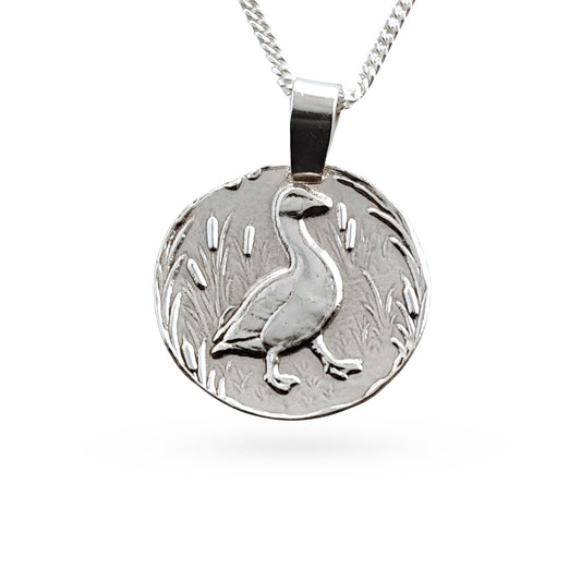 Sterling silver engraved goose coin pendant necklace, handcrafted in the UK from recycled sterling silver