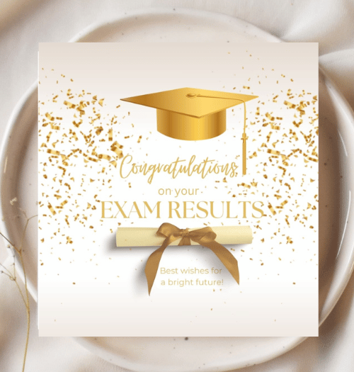 Graduation-themed card with gold cap, diploma, and confetti on a white background