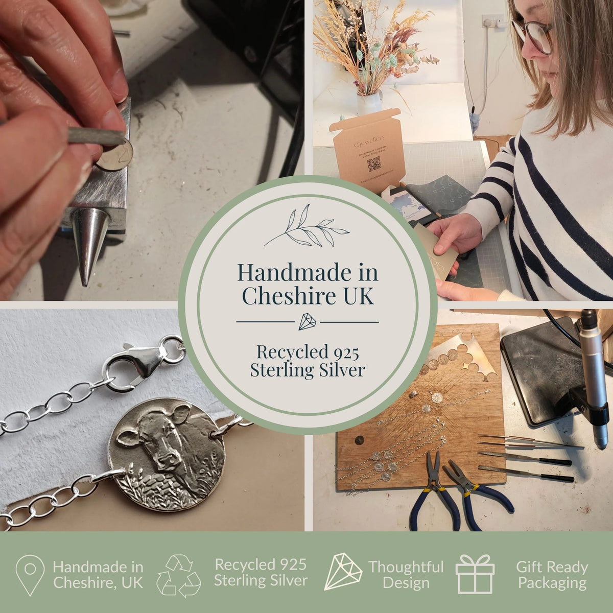 Ojewellery jeweller hand-finishing a recycled sterling silver disc bracelet in her Cheshire studio, shown with a finished engraved bracelet and gift-ready packaging.