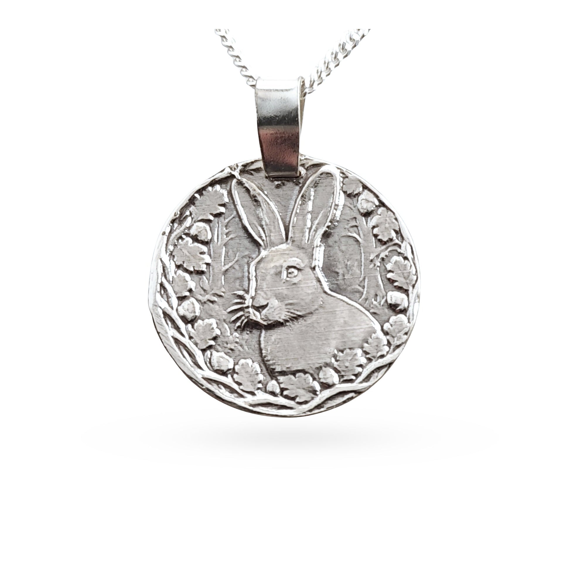 Sterling silver engraved hare coin pendant necklace, handcrafted in the UK from recycled sterling silver