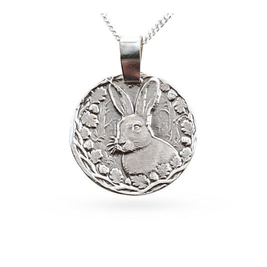 Sterling silver engraved hare coin pendant necklace, handcrafted in the UK from recycled sterling silver