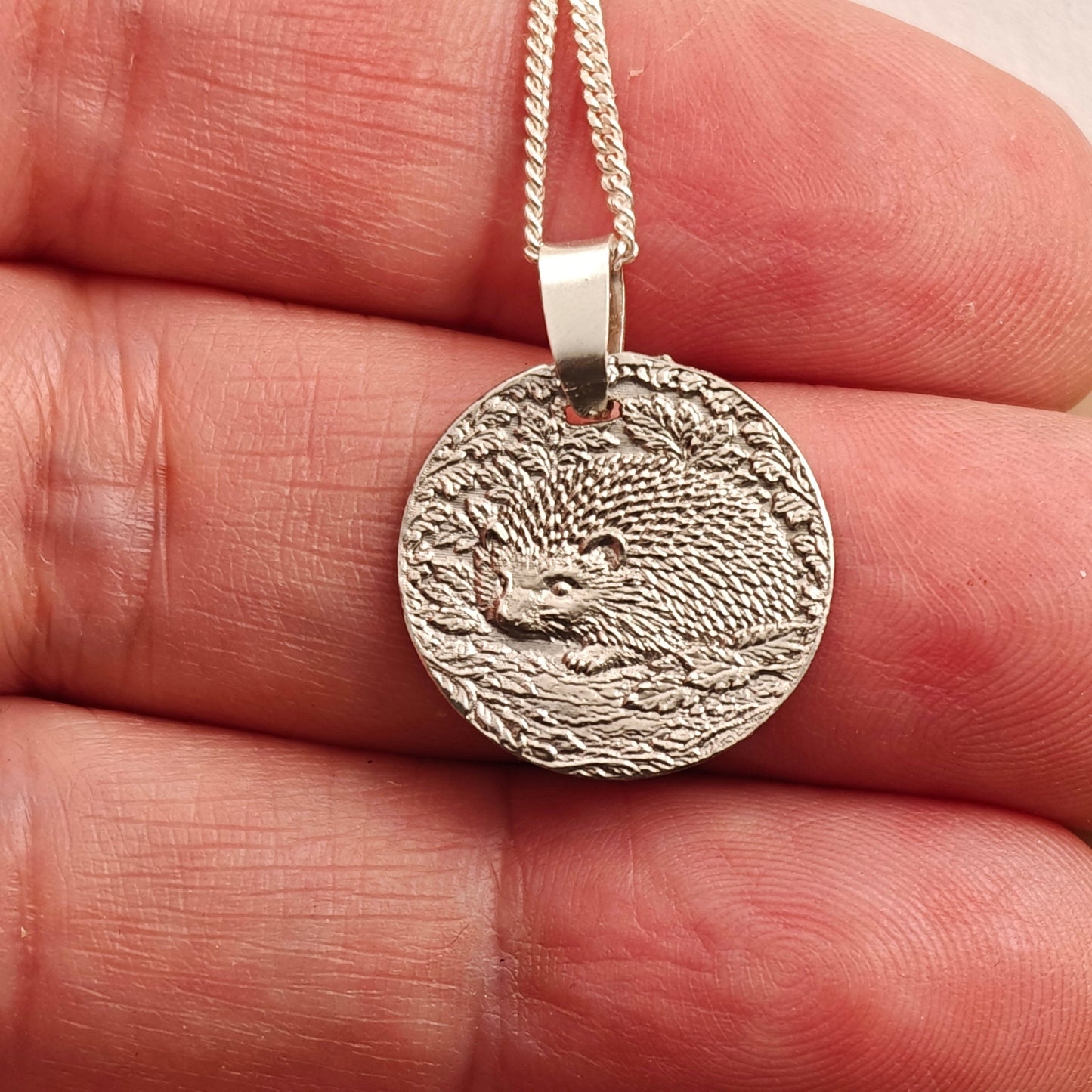 Hedgehog Engraved Sterling Silver Coin Necklace
