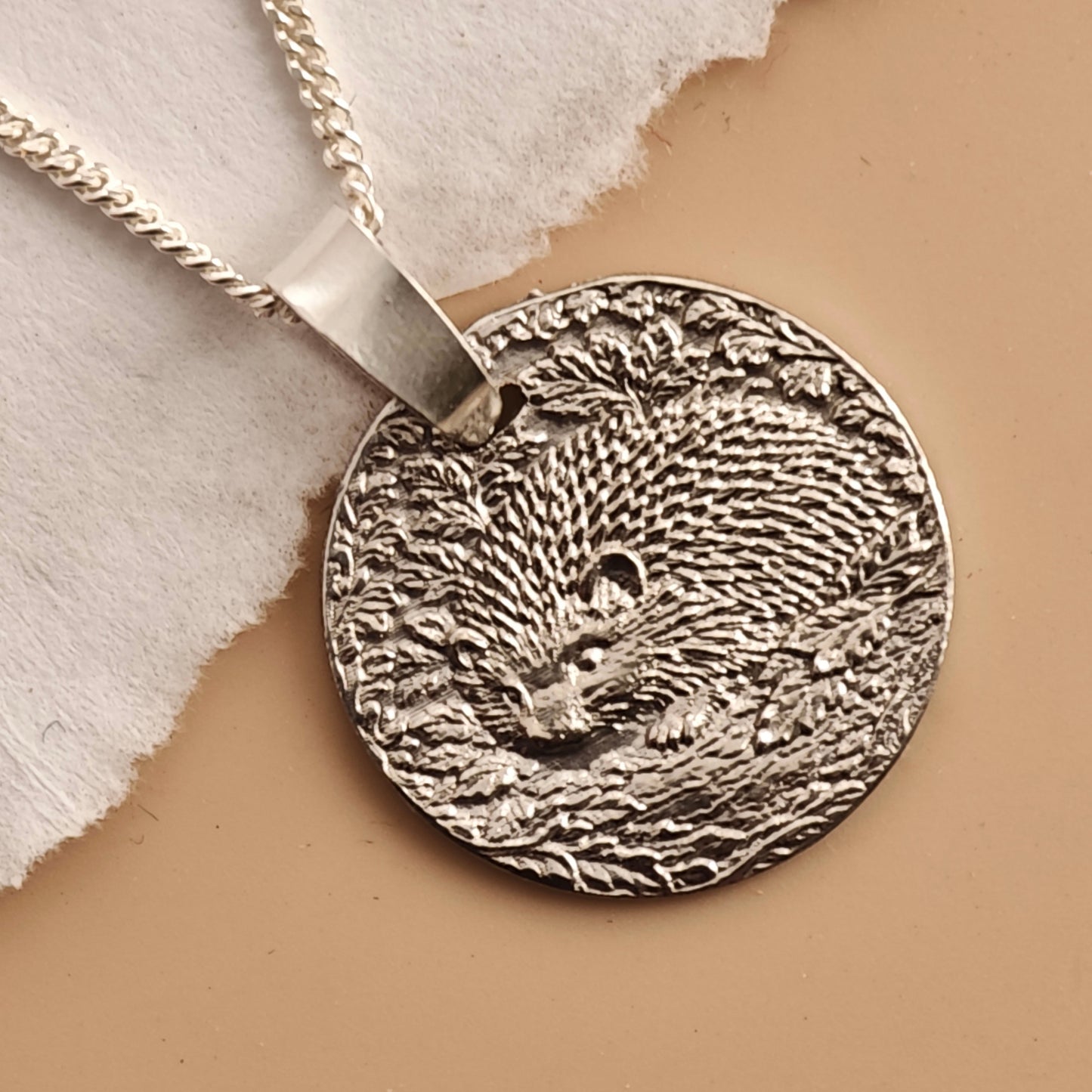 Hedgehog Engraved Sterling Silver Coin Necklace