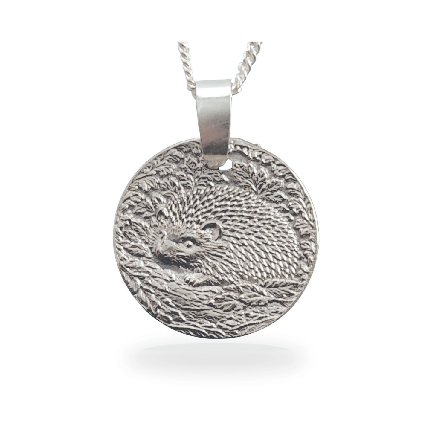 Sterling silver engraved hedgehog coin pendant necklace, handcrafted in the UK from recycled sterling silver