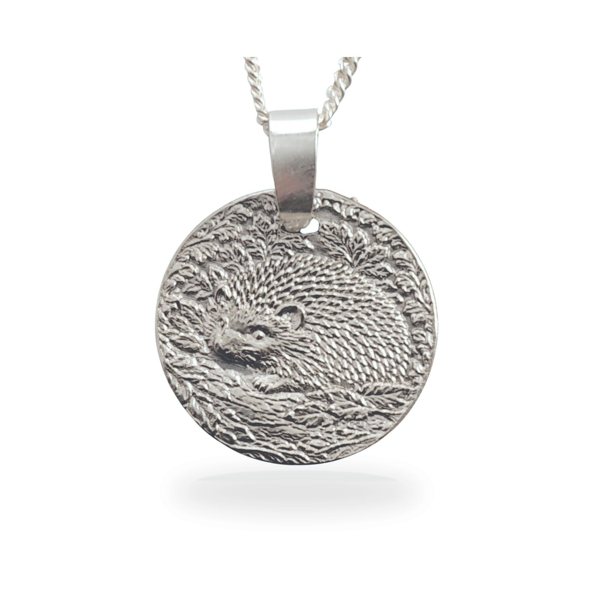 Sterling silver engraved hedgehog coin pendant necklace, handcrafted in the UK from recycled sterling silver