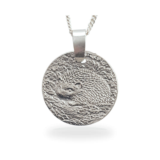 Sterling silver engraved hedgehog coin pendant necklace, handcrafted in the UK from recycled sterling silver