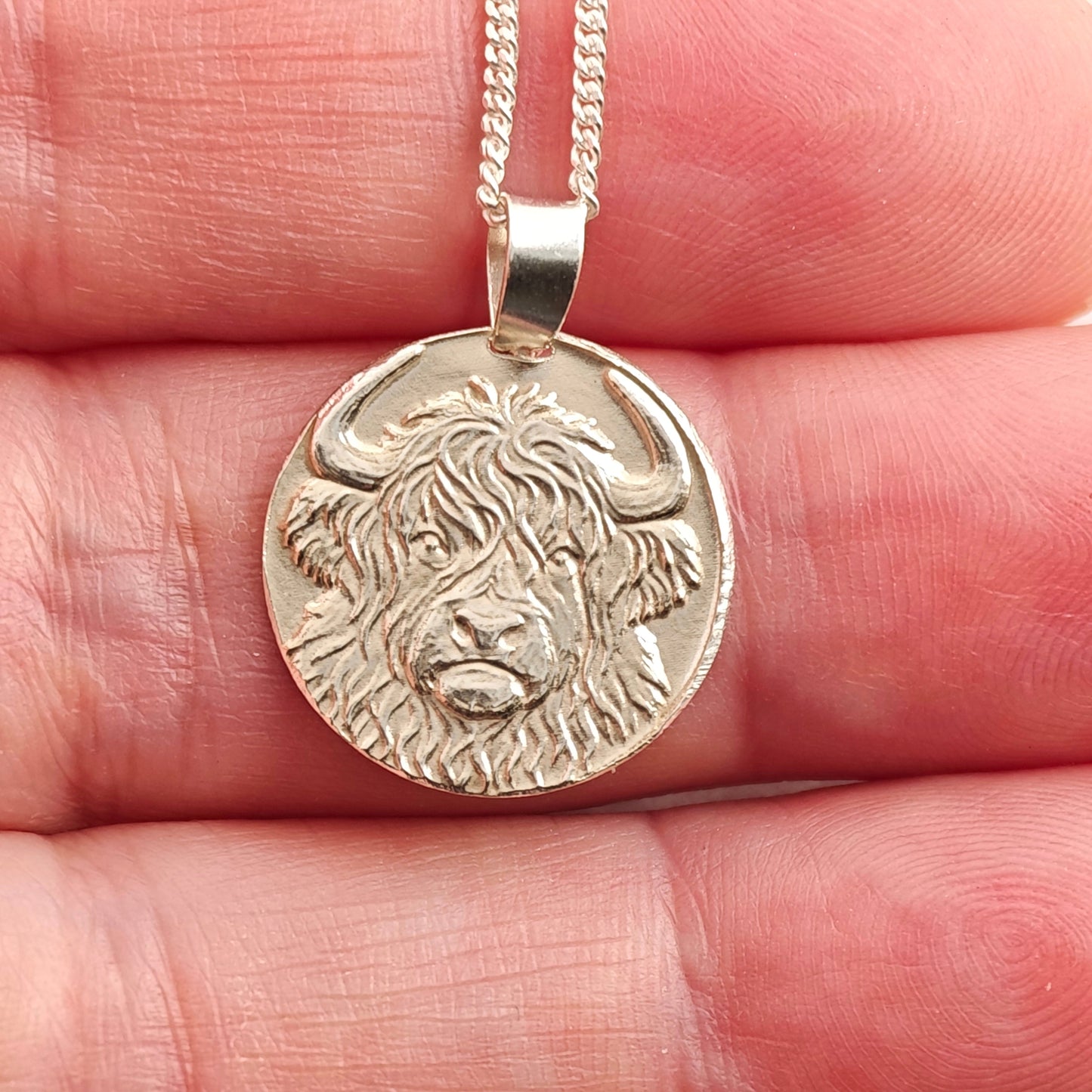 Highland Cow Engraved Sterling Silver Coin Necklace
