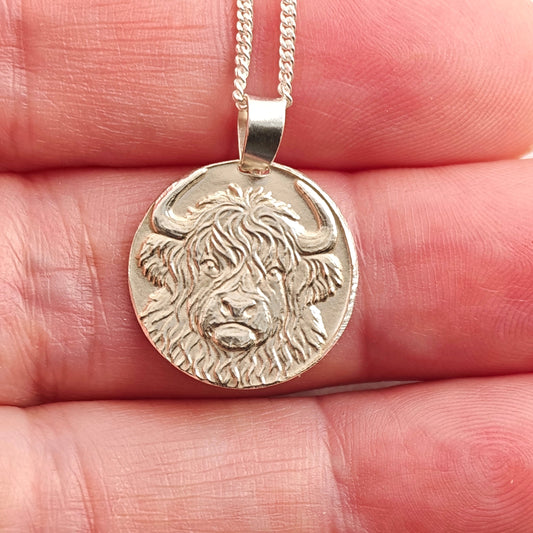 Highland Cow Engraved Sterling Silver Coin Necklace
