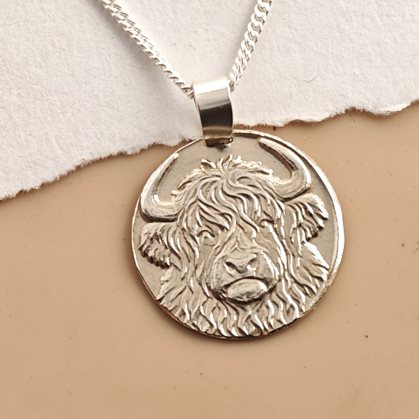 Highland Cow Engraved Sterling Silver Coin Necklace