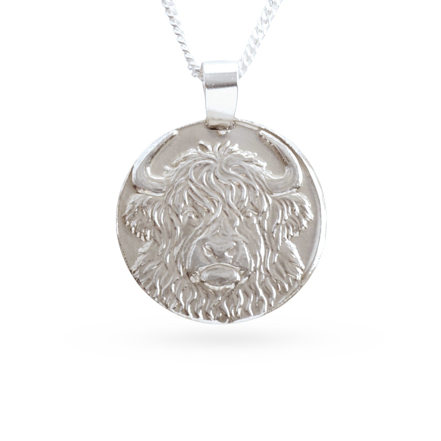 Sterling silver engraved highland cow coin pendant necklace, handcrafted in the UK from recycled sterling silver