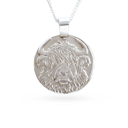 Sterling silver engraved highland cow coin pendant necklace, handcrafted in the UK from recycled sterling silver