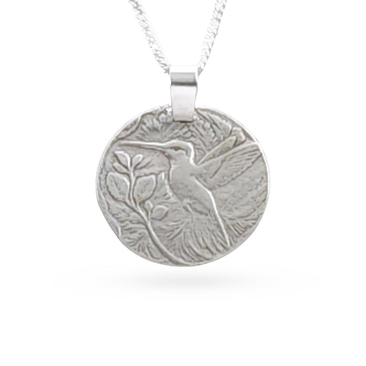 Hummingbird Engraved Sterling Silver Coin Necklace