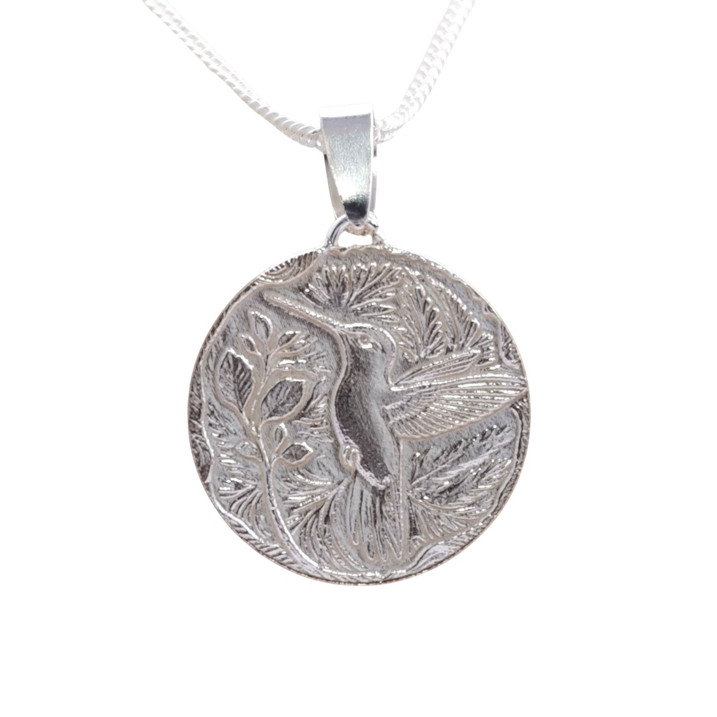 Hummingbird Engraved Sterling Silver Coin Necklace