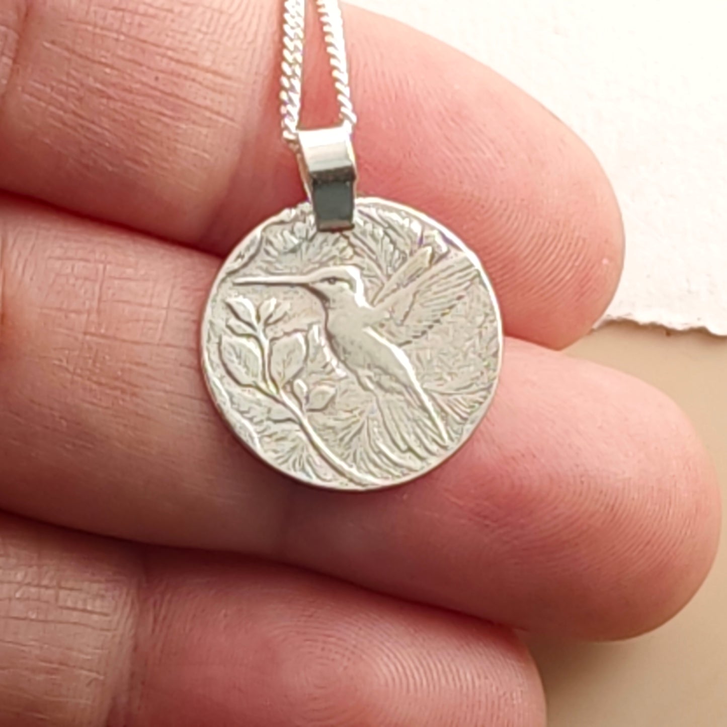 Hummingbird Engraved Sterling Silver Coin Necklace