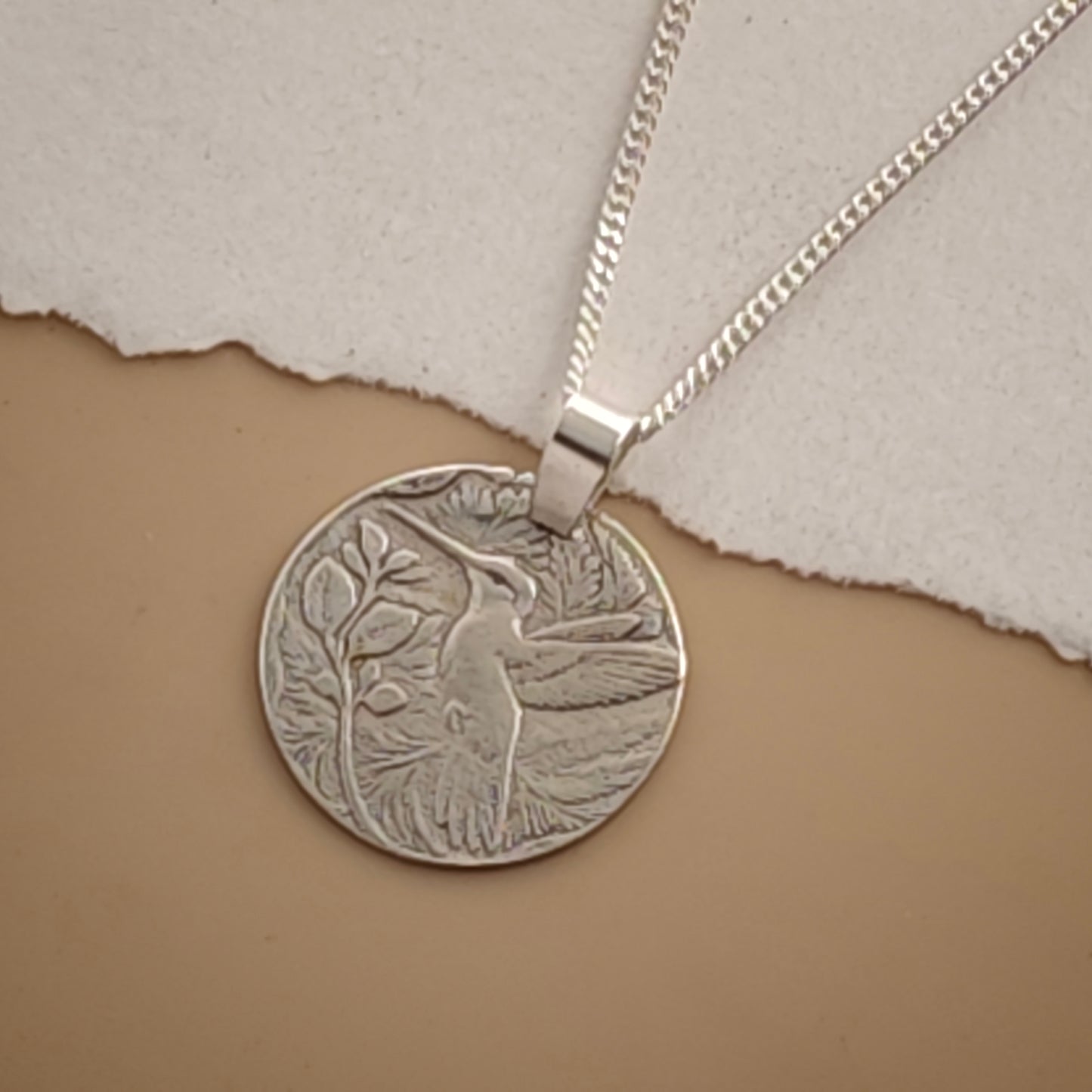Hummingbird Engraved Sterling Silver Coin Necklace
