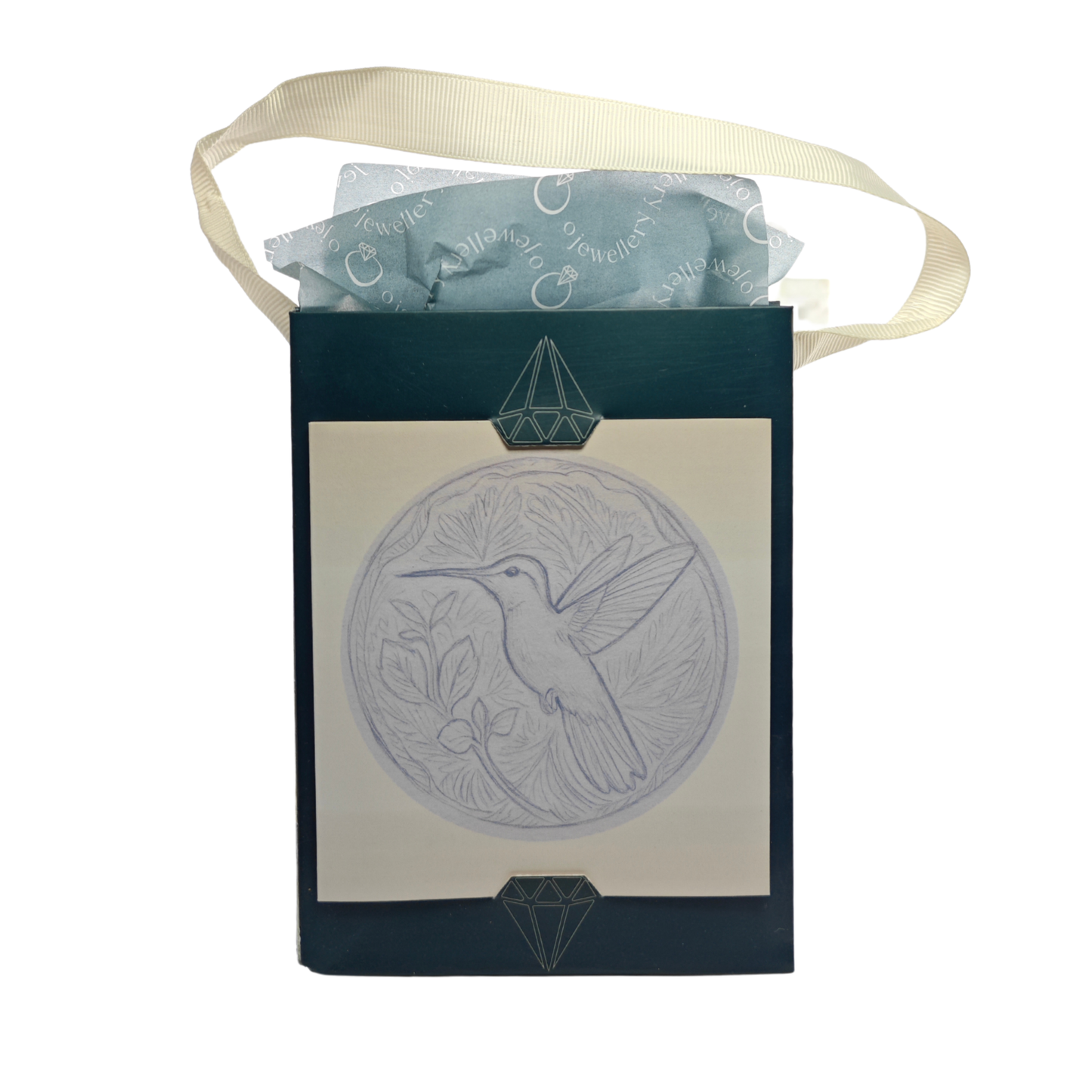 Gift bag with a hummingbird design gift card attached  on a white background