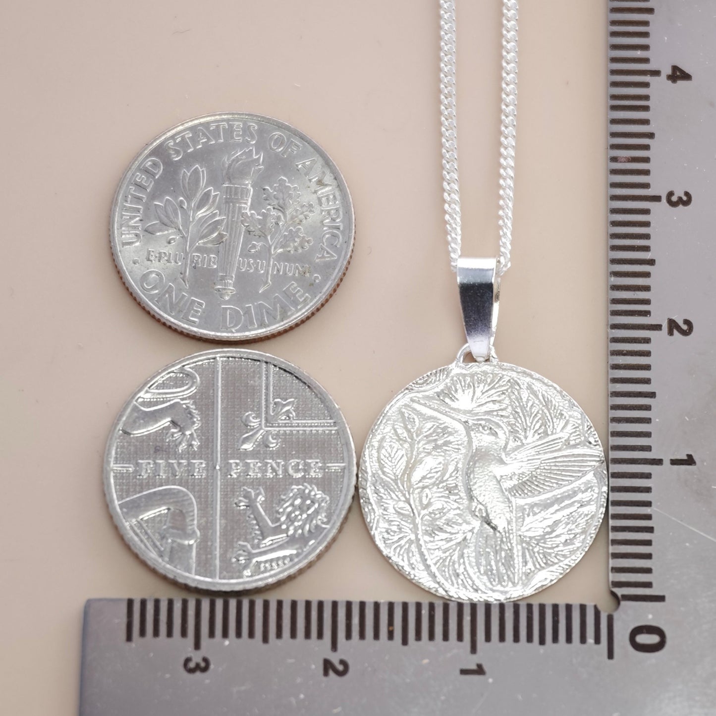 Hummingbird Engraved Sterling Silver Coin Necklace