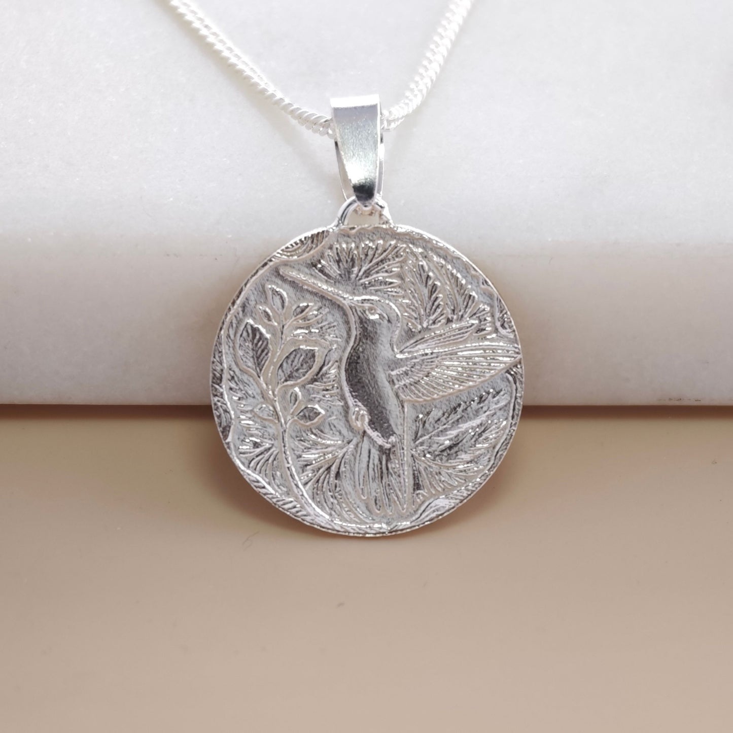 Hummingbird Engraved Sterling Silver Coin Necklace