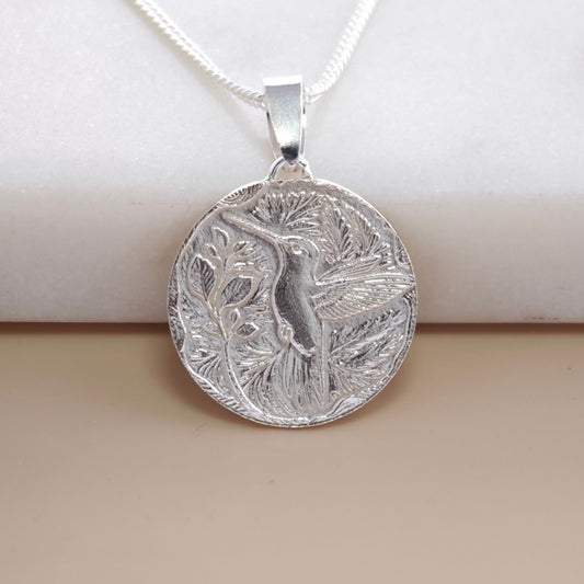 Hummingbird Engraved Sterling Silver Coin Necklace