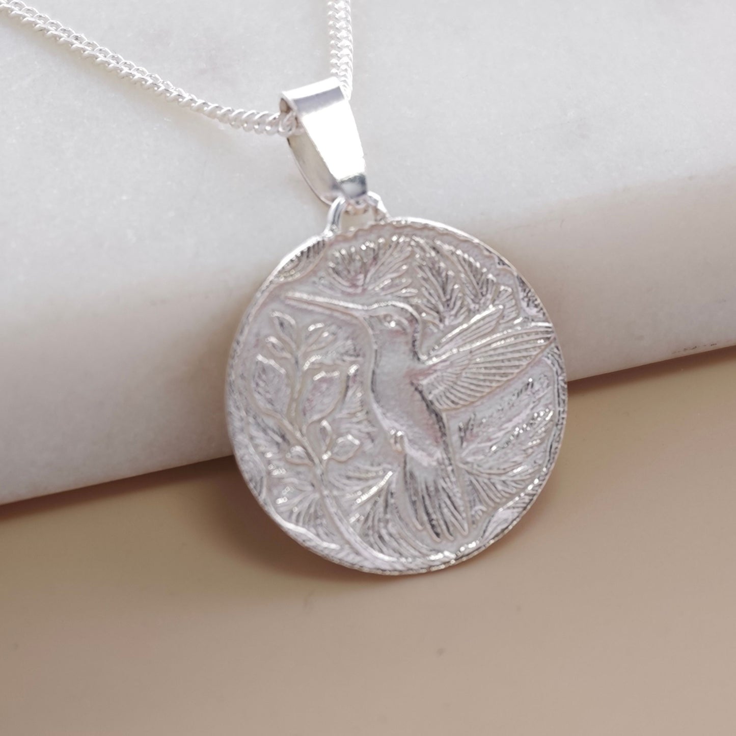 Hummingbird Engraved Sterling Silver Coin Necklace