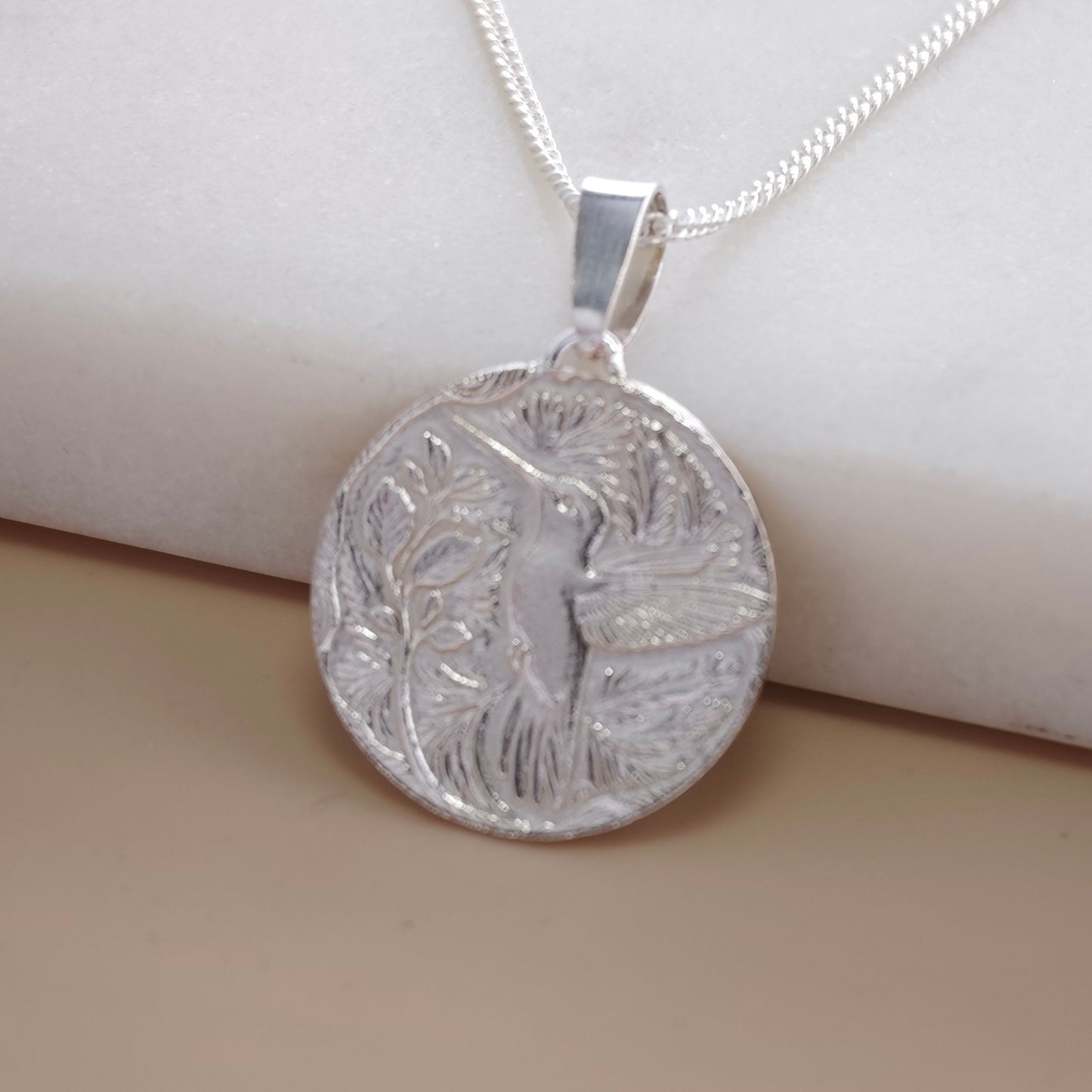 Hummingbird Engraved Sterling Silver Coin Necklace