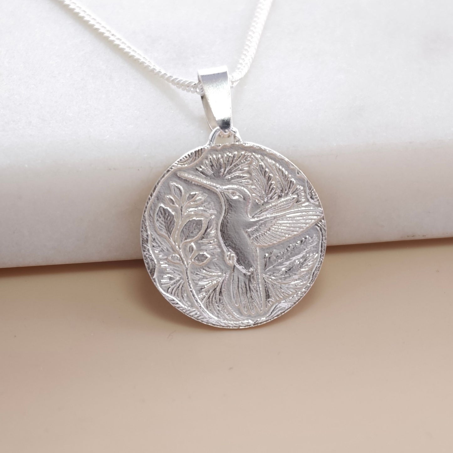 Hummingbird Engraved Sterling Silver Coin Necklace