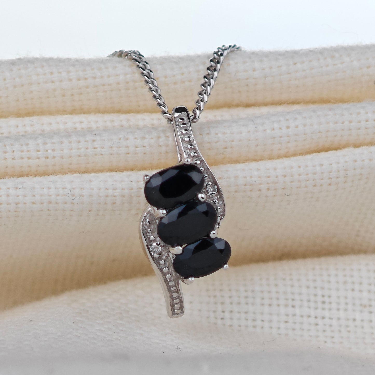 Diamond Sapphire Pendant 1ct Trilogy Natural Gemstones in Sterling Silver