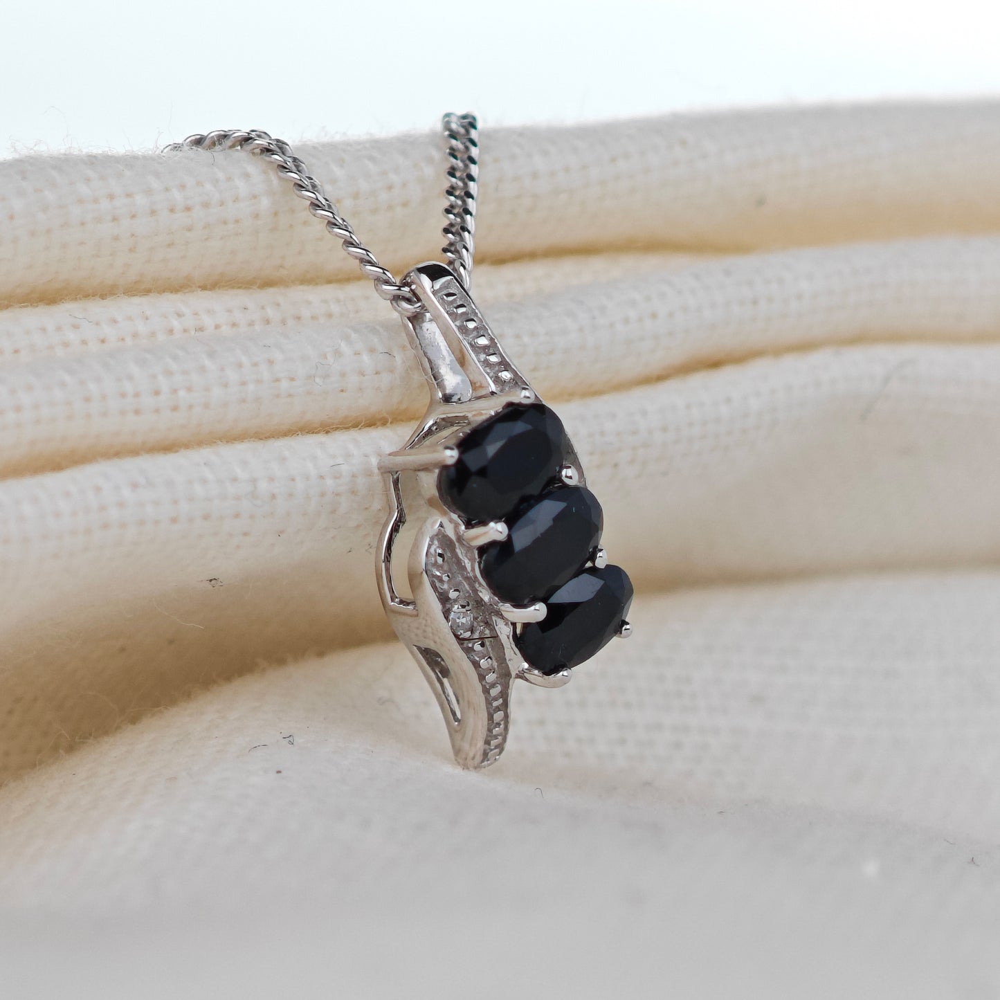 Diamond Sapphire Pendant 1ct Trilogy Natural Gemstones in Sterling Silver