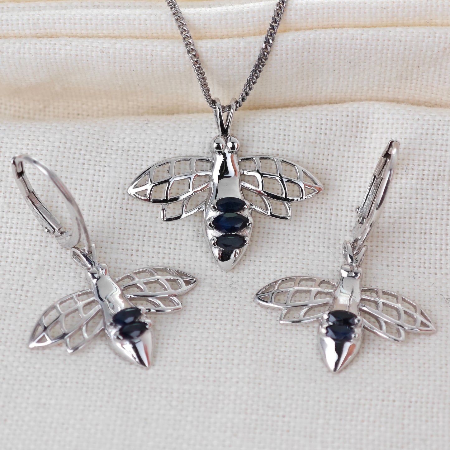 Sapphire Bee Set, Necklace, Dangle Earrings 0.97ct Inky Blue Natural Gemstones Sterling Silver