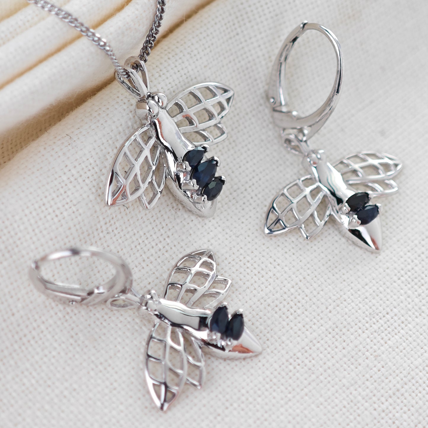 Sapphire Bee Set, Necklace, Dangle Earrings 0.97ct Inky Blue Natural Gemstones Sterling Silver