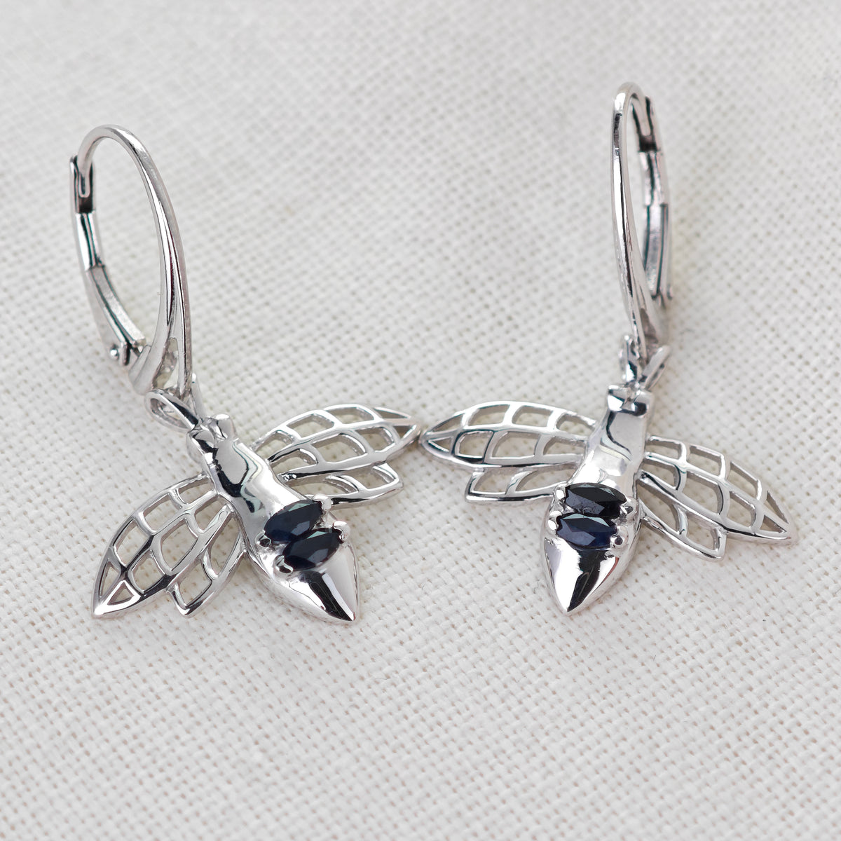 Sapphire Bee Earrings in Sterling Silver