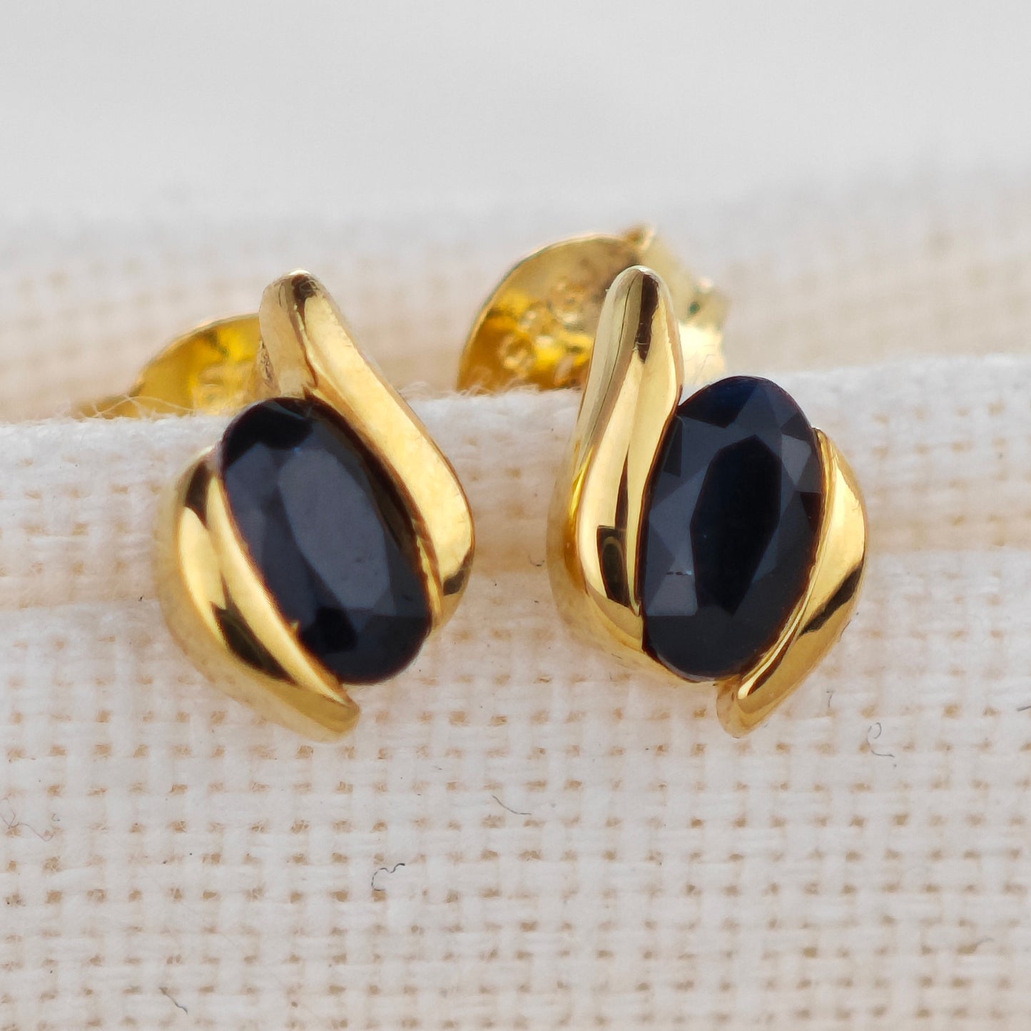 Silver Earrings Gold Plate Stud Sapphire Ink Blue Oval Contemporary Womens