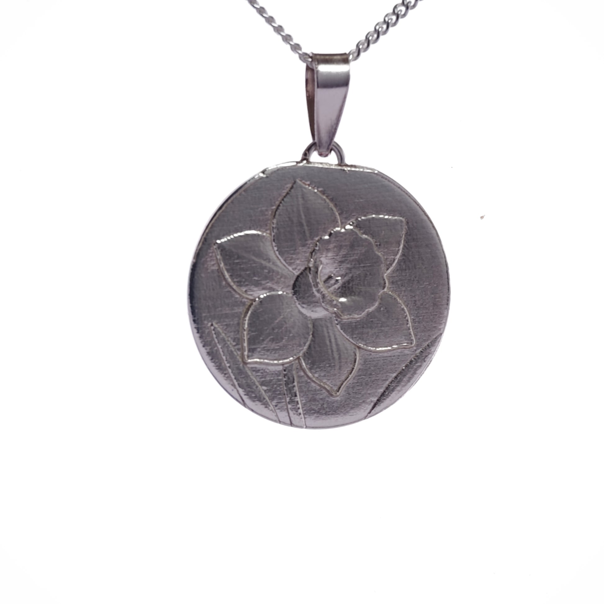 silver daffodil coin necklace pendant engrave option personalise 925 designed in the UK