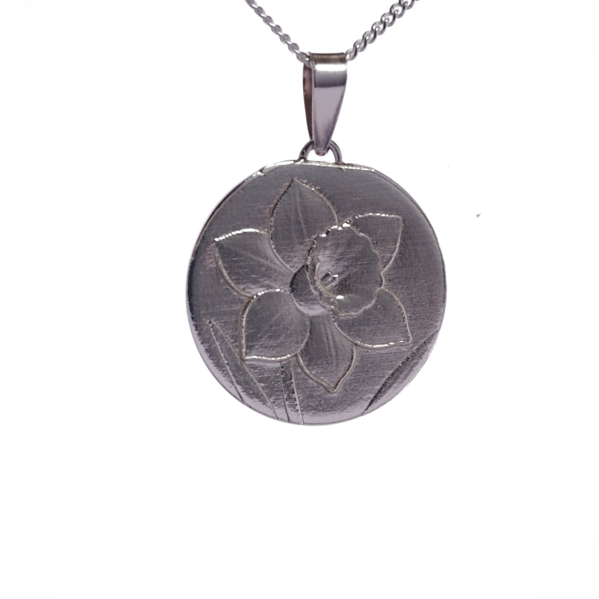 silver daffodil coin necklace pendant engrave option personalise 925 designed in the UK