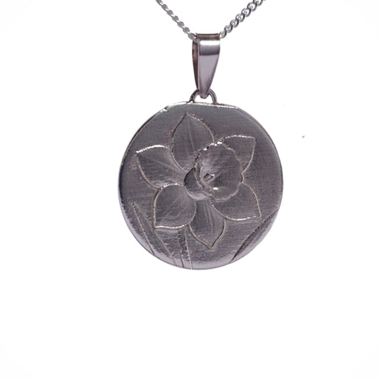 silver daffodil coin necklace pendant engrave option personalise 925 designed in the UK