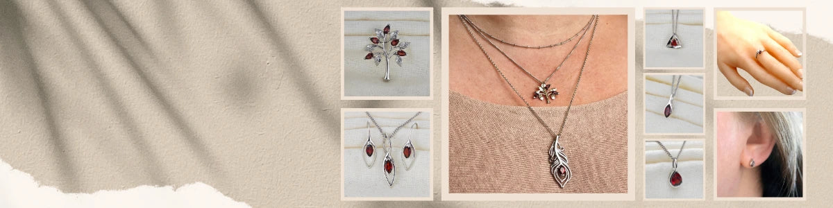 Garnet jewellery – necklaces, rings, earrings – designed in the UK