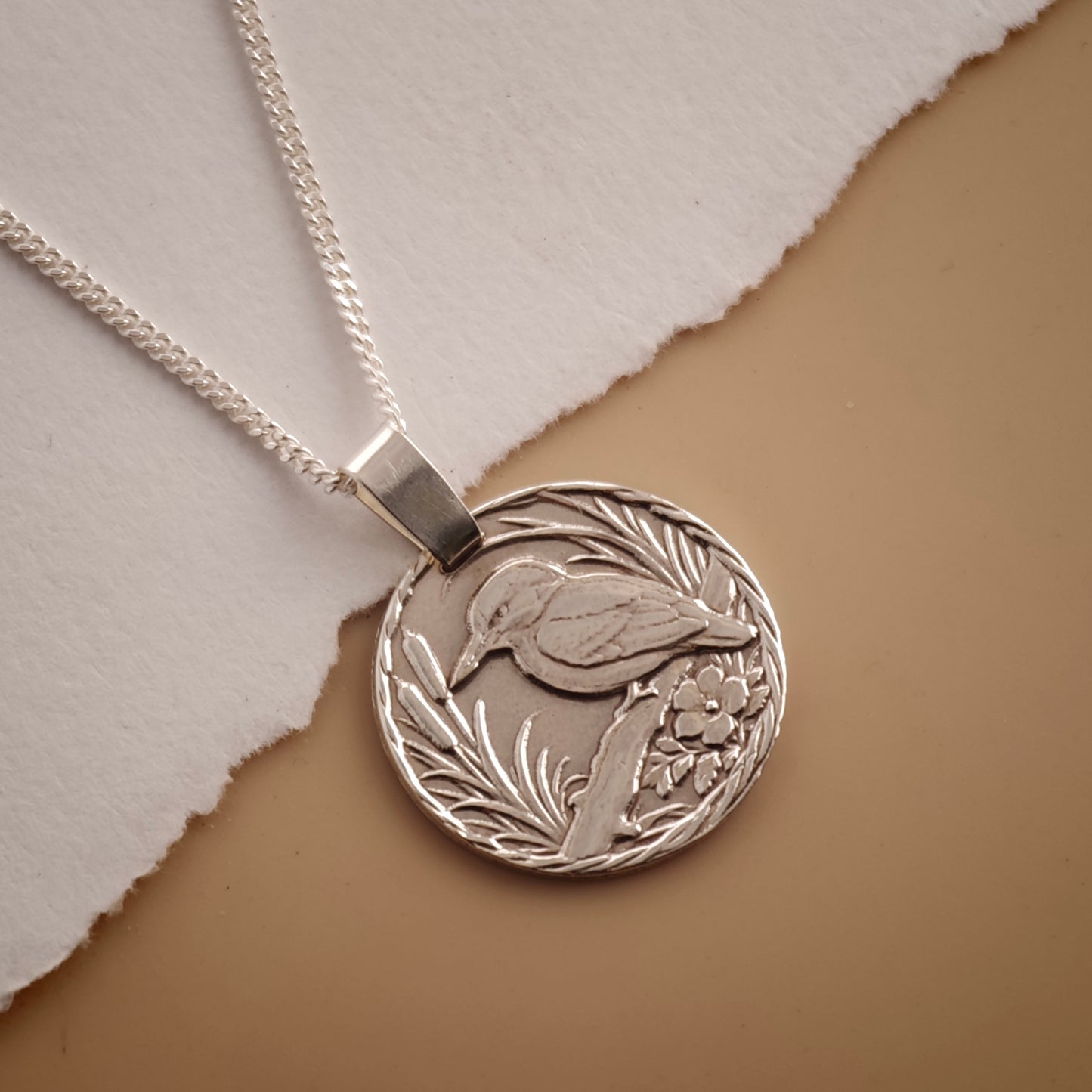 Kingfisher Engraved Sterling Silver Coin Necklace