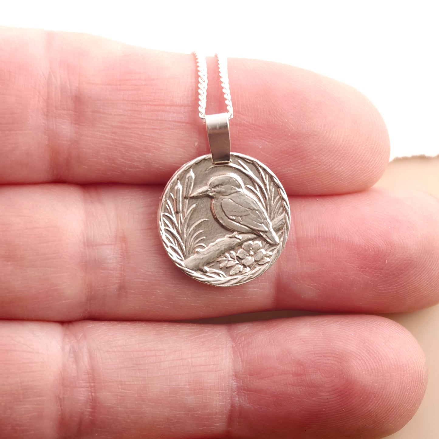 Kingfisher Engraved Sterling Silver Coin Necklace