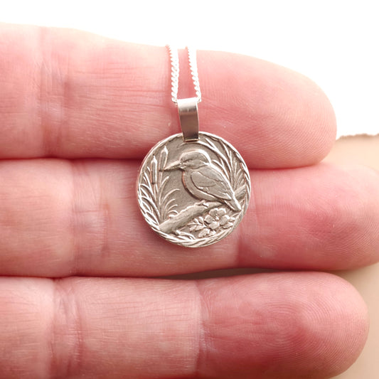Kingfisher Engraved Sterling Silver Coin Necklace