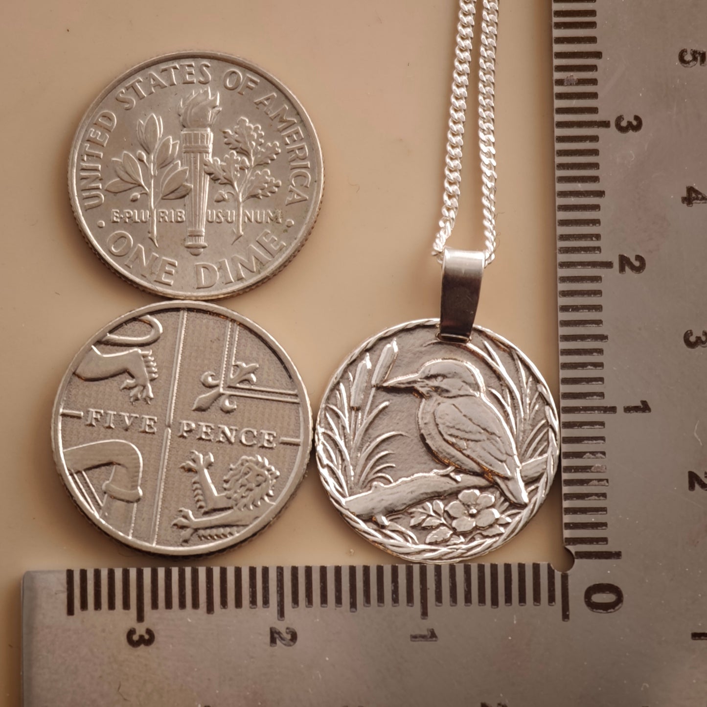 Kingfisher Engraved Sterling Silver Coin Necklace