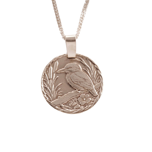 Kingfisher Engraved Sterling Silver Coin Necklace