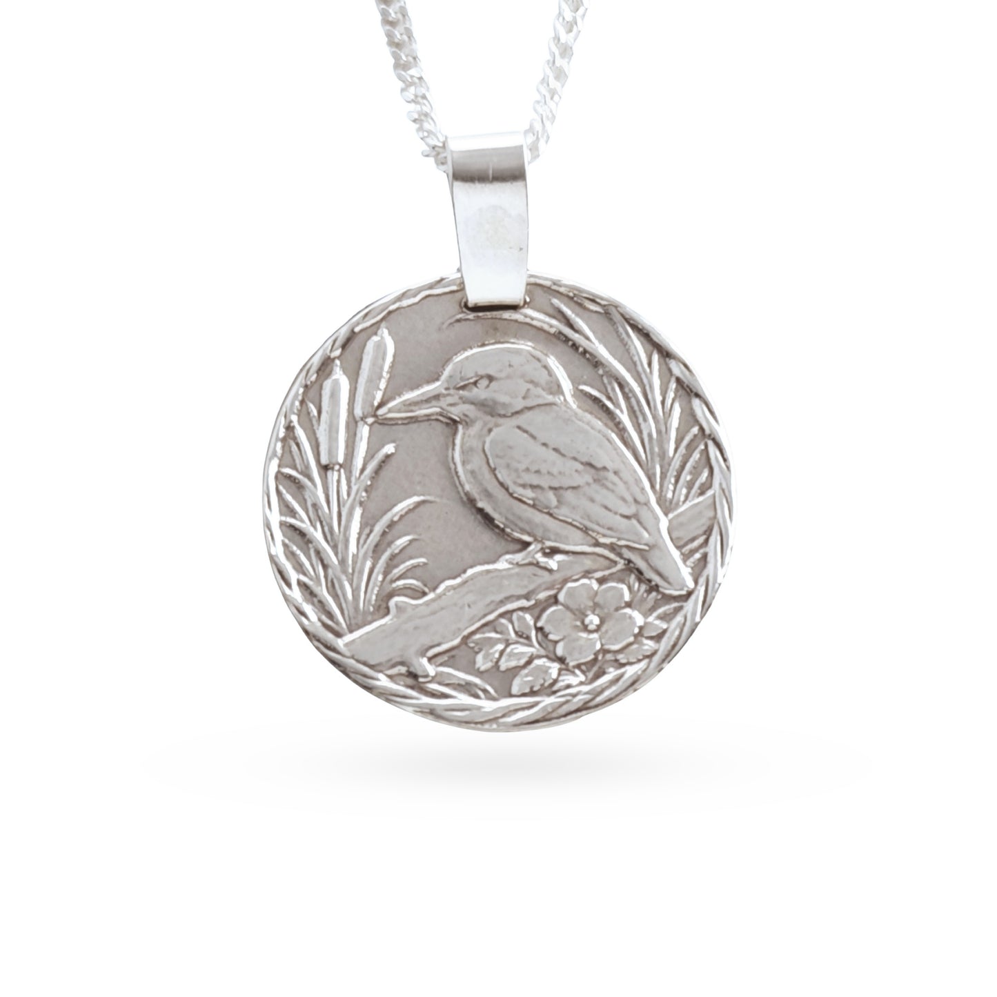 Kingfisher Engraved Sterling Silver Coin Necklace