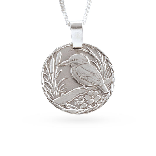 Kingfisher Engraved Sterling Silver Coin Necklace