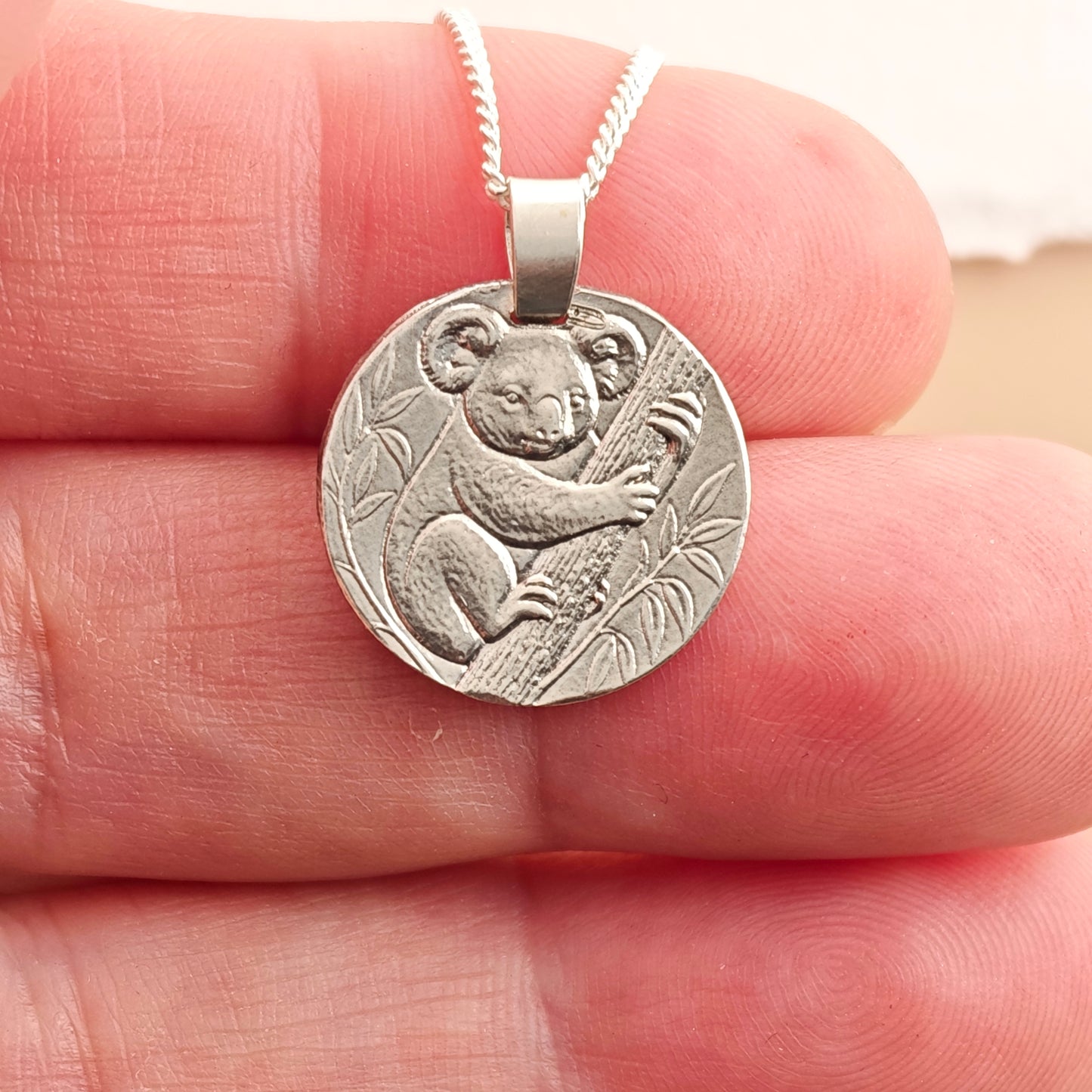 Koala Engraved Sterling Silver Coin Necklace