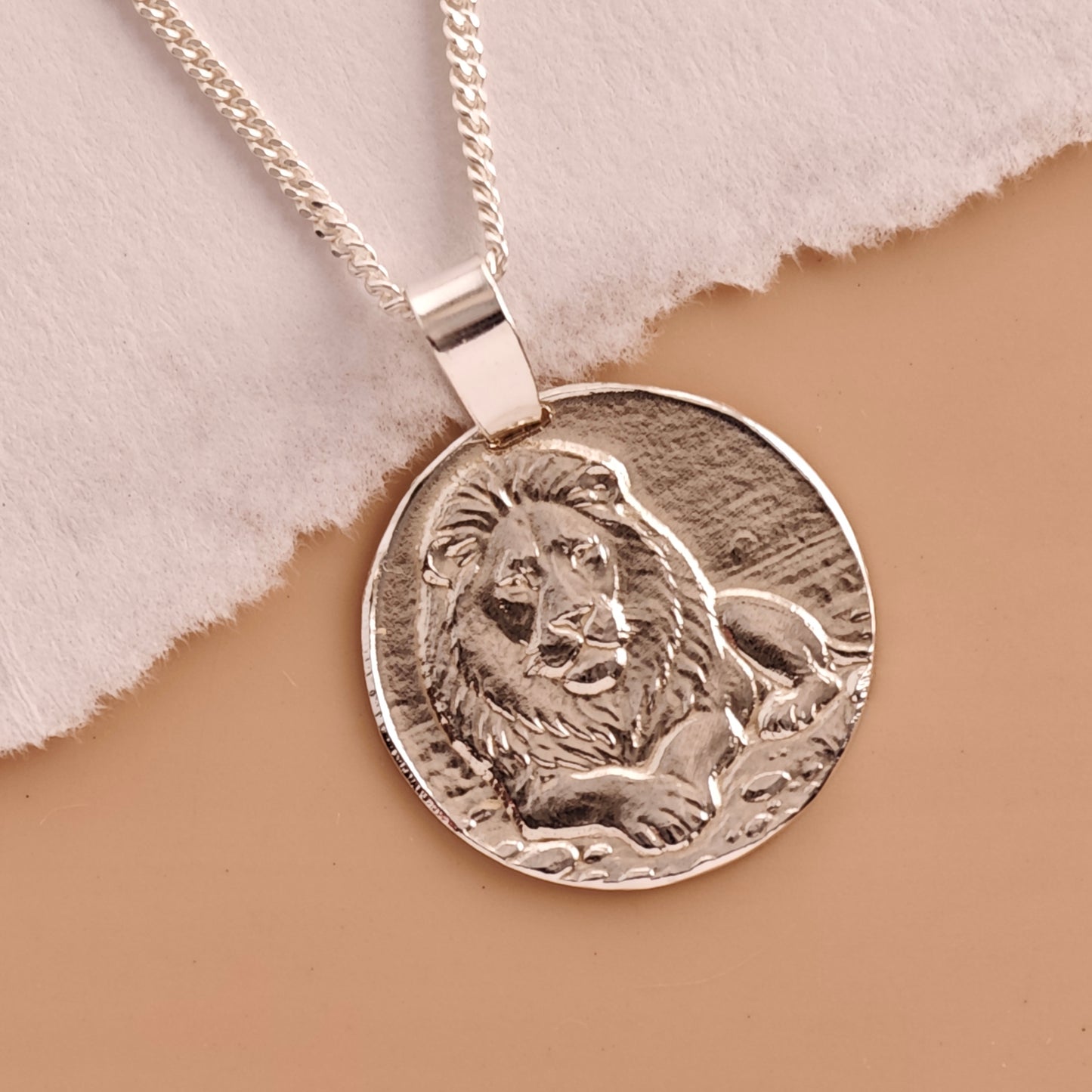 Lion Engraved Sterling Silver Coin Necklace