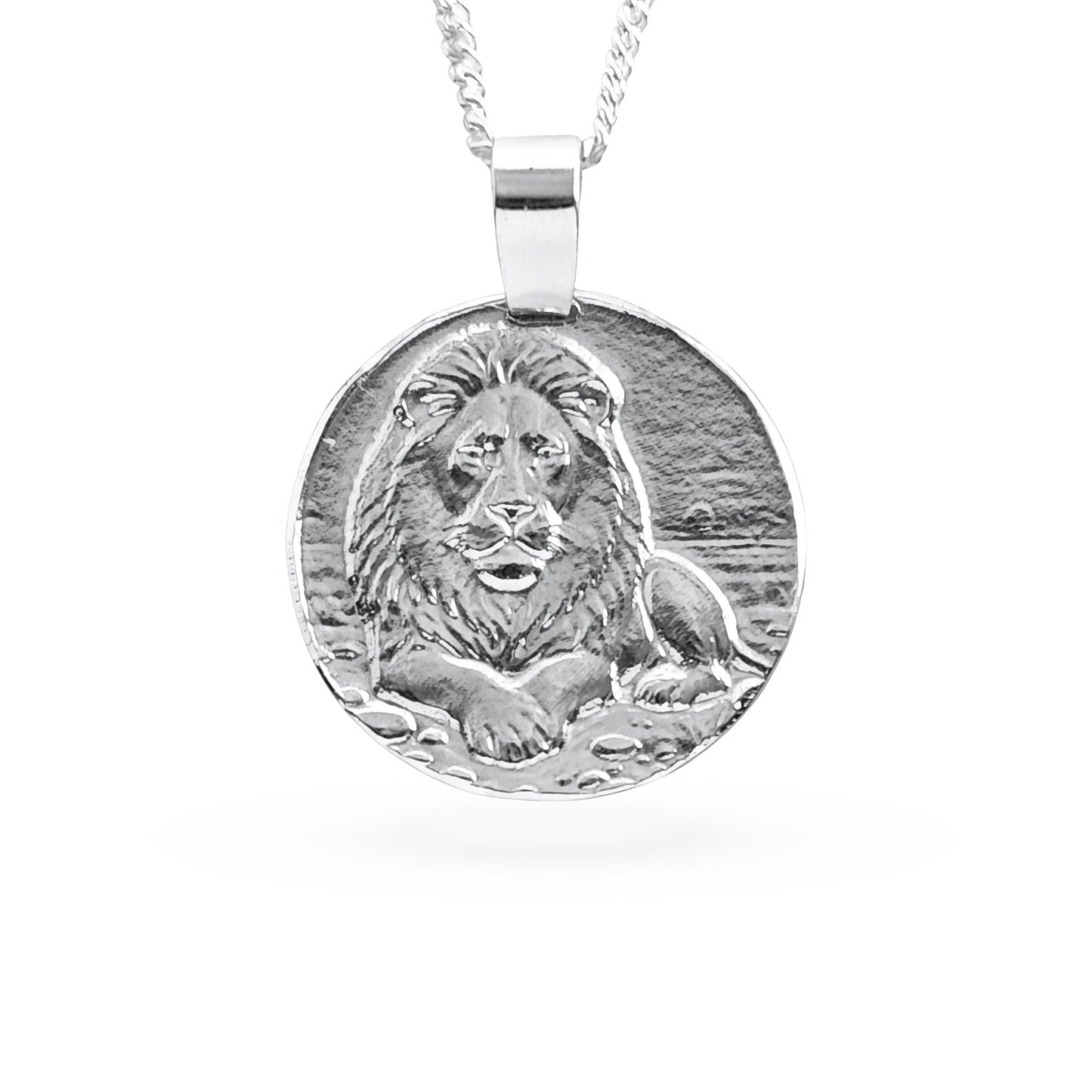 Sterling silver engraved lion coin pendant necklace, handcrafted in the UK from recycled sterling silver