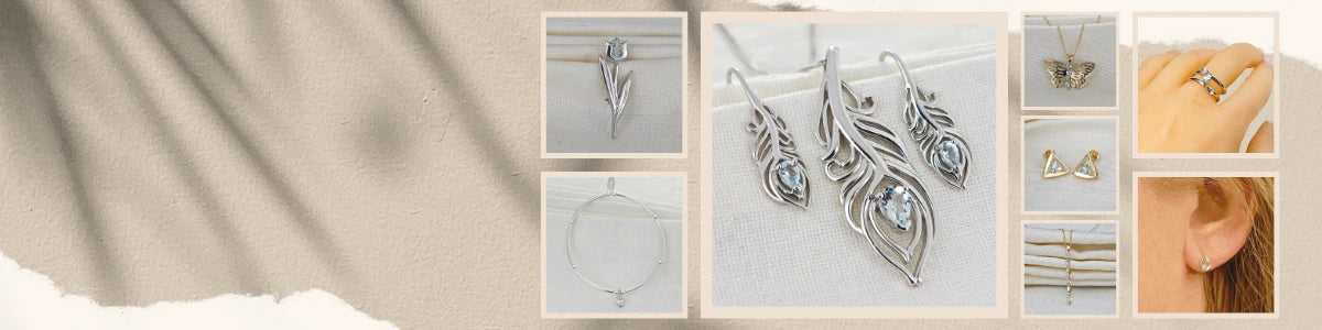 selection of aquamarine jewellery shown in frames on neutral background