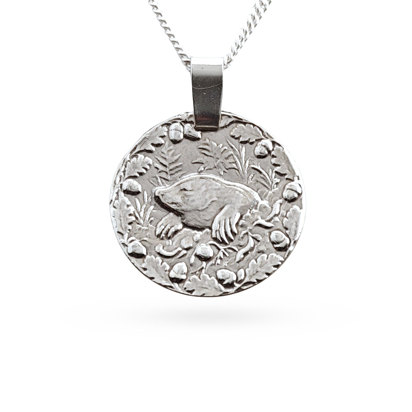 Sterling silver engraved mole coin pendant necklace, handcrafted in the UK from recycled sterling silver