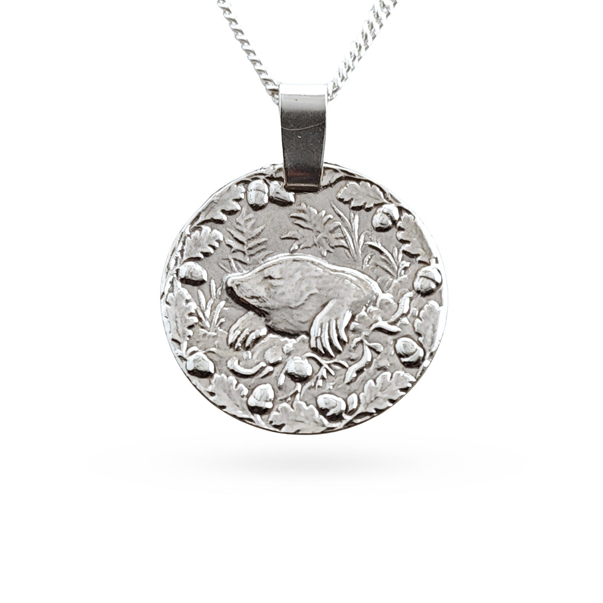 Sterling silver engraved mole coin pendant necklace, handcrafted in the UK from recycled sterling silver